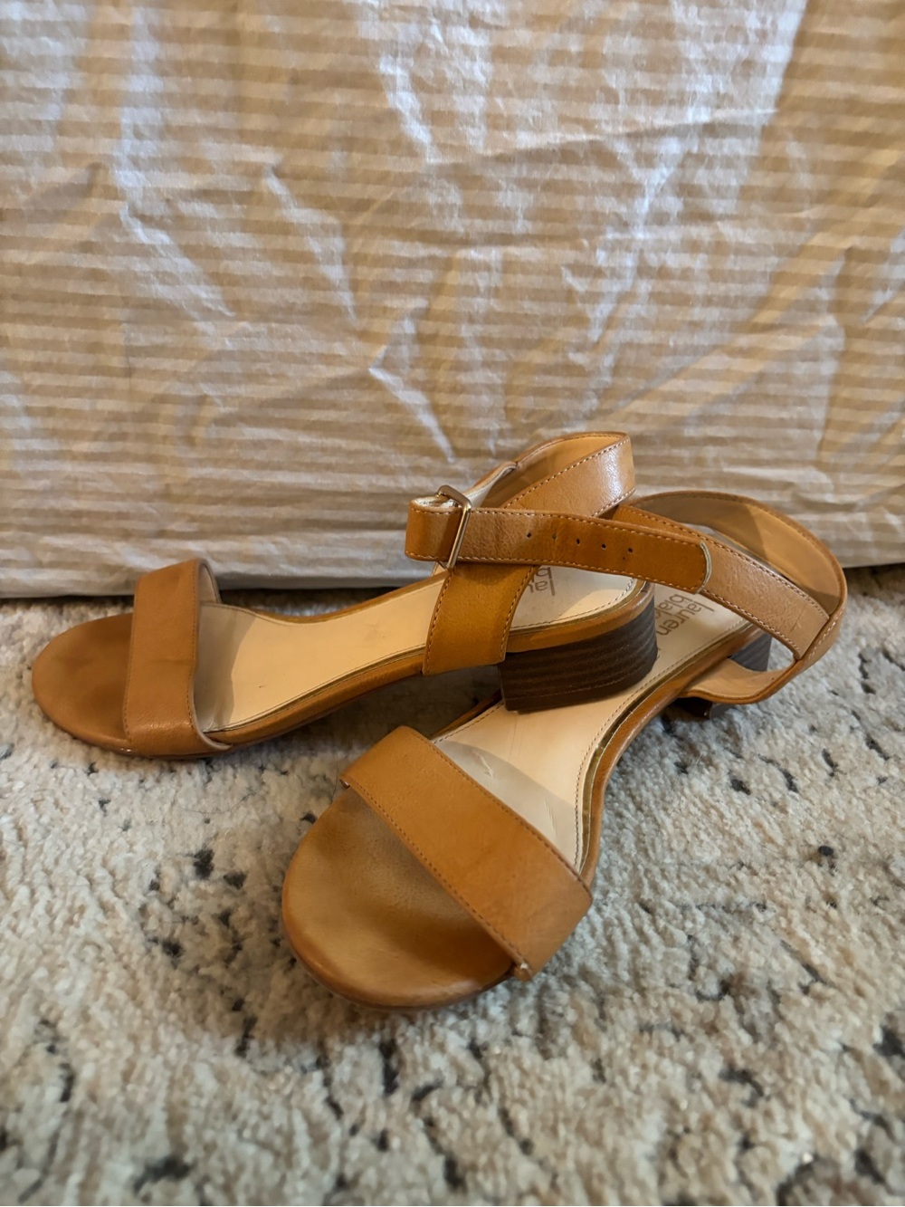 Women’s Tan Open-Toe Low Block Heel Sandals with Ankle Strap